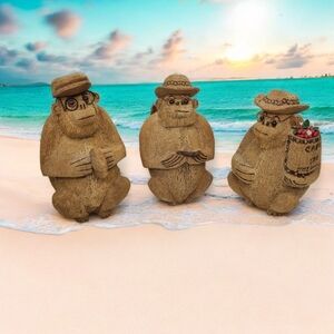 Vintage Hand Carved Coconut Monkeys Tiki Bar Lounge Kitsch Set of 3